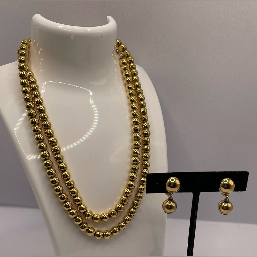 Vintage Signed MONET Gold Tone Metal Ball Beaded Necklace and Earring Set